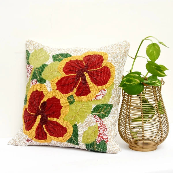 Set of 2 White Beaded Floral Cushion Covers 16"x16" – Cotton Sofa Pillow