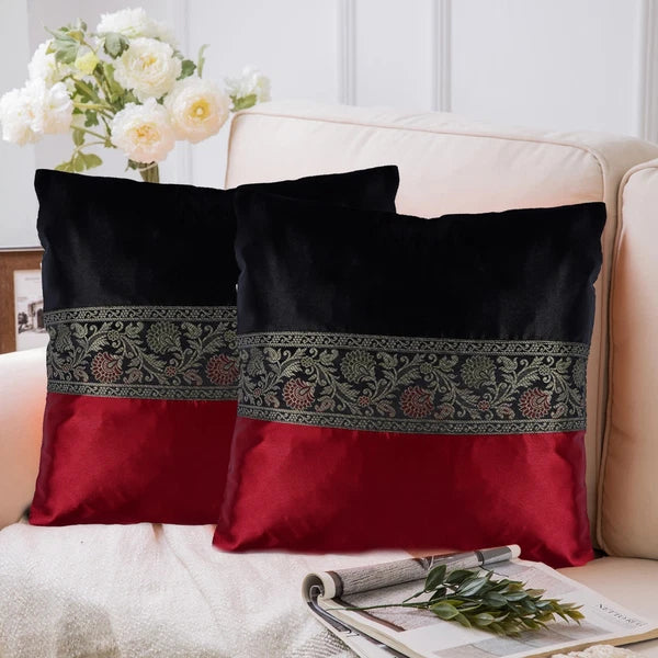 2 pcs Silk Cushion Cover Black & Red Decorative Throw Pillow for Living Room