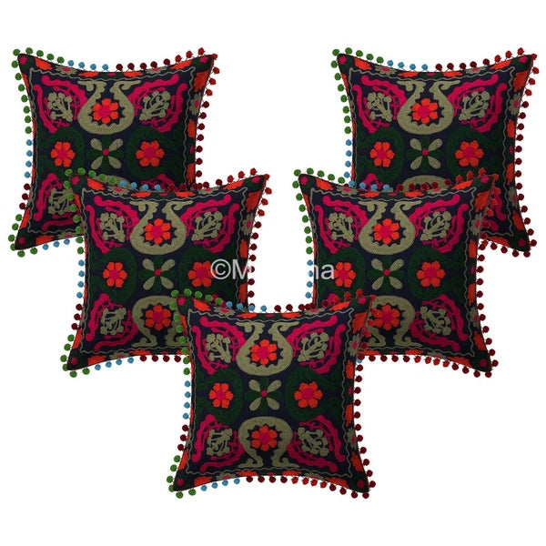 Indian Suzani Black Flloral Pillow Cover Embroidered Bed/Sofa Decor Set of 2 pc
