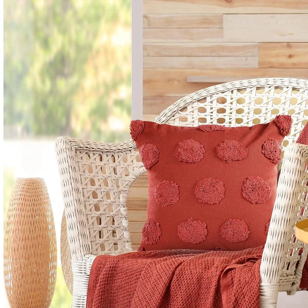 Tufted Dots Cotton Cushion Cover For Sofa, Living Room Or Bed 18x18 inch, Coral