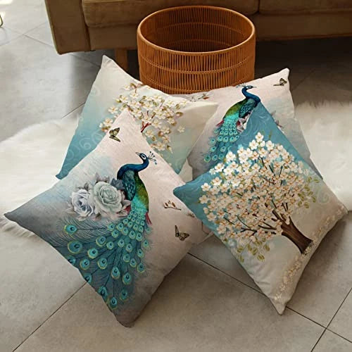 Set of 4 Pcs Peacock Print Cushion Cover Sturdy Linen Throw Pillows for Couch