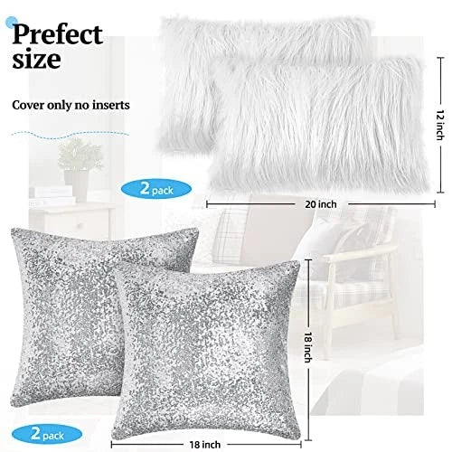 4 Pcs Pillow Covers 12" x 20" (Pack of 4) White,silver Sequin and Fluffy
